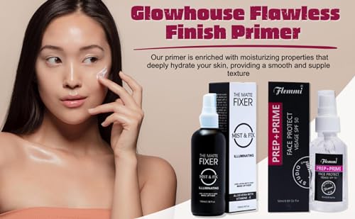 Glowhouse Make Up Combo Kit For Girls & Women, 1Makeup Fixer, 1 Primer, 2 In 1 Concealer And Highlighter Stick, 1 High Definition Foundation, 1 compact powder black - Image 2