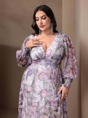 Image of Spring Summer 2024 Plus Size Womens Dresses V Neck Casual Elegant Long Sleeve Floral Print Maxi Dress