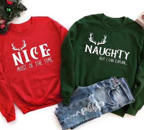 Personalized Handmade Naughty & Nice Couple Christmas Sweatshirts – Funny Matching Holiday Crewnecks for Couples, Cute Xmas Sweaters Red