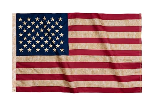Image of SYII Vintage Tea Stained American Flag 3x5 Feet, Embroidered Stars Double Stitched Stripes and Brass Grommets, Durable Heavy Duty Polyester USA 250th Anniversary Decoration