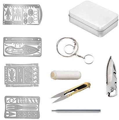 OutyFun Camping Kits Gear Toolbox - 7-in-1 Tools Include Survival Card, Folding Knife Scissors Fishing Line Wire Saw Blowing Tube Storage Box for Camping, Backpack, Fishing.