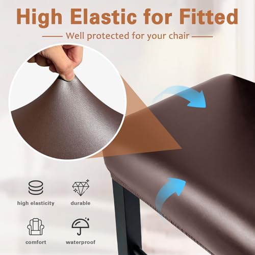 Image of PU Leather Bar Stool Covers Rectangular, 100% Waterproof Stool Covers Rectangle Super Stretch 20% Thicker Leather Saddle Stools Cover Rectangular Counter Bar Stools with Elastic Band (2 PCS, Coffee)