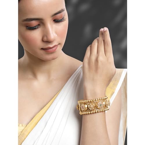 Aheli Gold Plated Synthetic Stone Studded Dome Style Thick Single Piece Openable Kada Bangle Traditional Jewellery Gift for Women Size - 2.6 Inch2