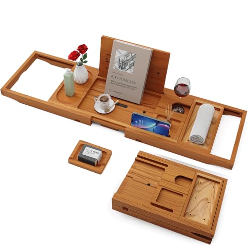 Yirilan Teak Bathtub Tray for Tub, Bath Table Tray for Tub Wood, Bathtub Caddy, Luxury Gift for House Warming, Wedding, Bridal Shower, Anniversary