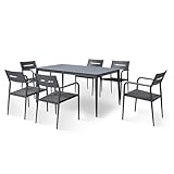Island Retreat Bali Contemporary 7 Piece Outdoor Dining Set – Weatherproof Power-Coated Aluminum Table & Stackable Durable Textilene Mesh Chairs - Pool & Patio Dining Set for 6 People, Slate Grey