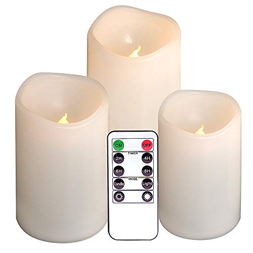 DRomance Outdoor Flameless Flickering Candles Waterproof and Heat Resistant, Warm Light Battery Operated LED Pillar Candles with Timer and Remote Set of 3(White, 3