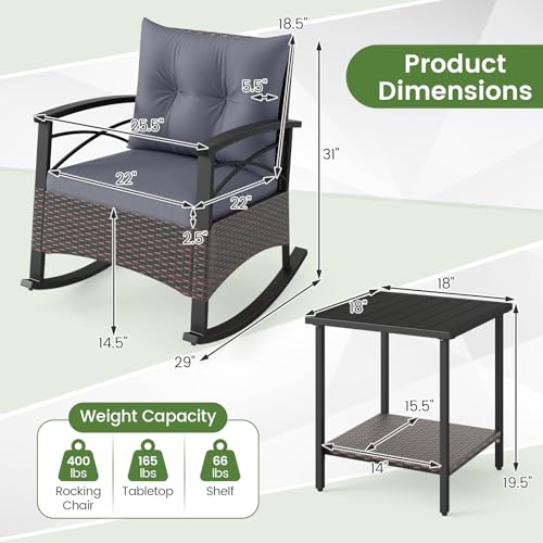 Image of Tangkula 3 Pieces Wicker Outdoor Rocking Chairs Set | Heavy Duty Cushioned Rattan Patio Rocker Bistro Set, 2-Tier Side Table w / Acacia Wood Tabletop, for Porch Balcony Backyard
