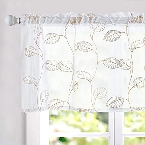 Topick White Sheer Taupe Leaf Curtain Kitchen Valance for Windows Leaf Embroidered Voile Small Curtain Valance Semi Sheer Farmhouse Curtain 18 Inch Rod Pocket 1 Panel Taupe on White