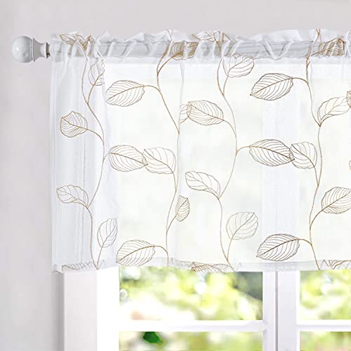 Topick White Sheer Taupe Leaf Curtain Kitchen Valance For Windows Leaf Embroidered Voile Small Curtain Valance Semi Sheer Farmhouse Curtain 18 Inch Rod Pocket 1 Panel Taupe On White #TOP3