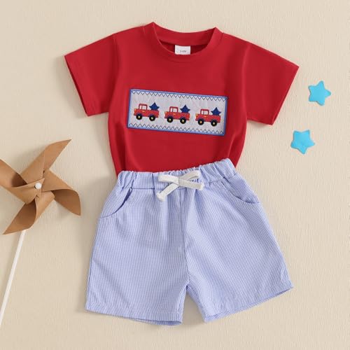 Image of 4th Of July Toddler Boy Outfit Popsicle American Flag T-Shirt and Gingham Plaid Shorts Set Independence Day Clothes