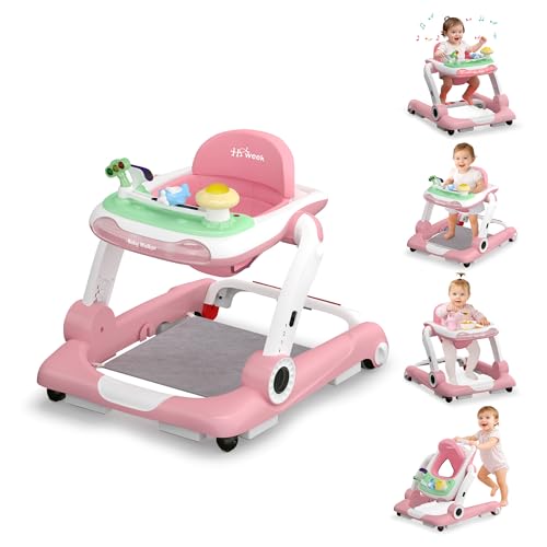 baby walker with wheels 5 in 1 walker for baby boy girl 6-12 months with bouncer music and lights baby jumper activity center adjustable height speed push walker for ages 6-18 months toddler