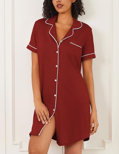Image of Ekouaer Nightgowns for Women 2 Pack Button Down Sleepwear Short Sleeve Sleepshirts Soft Nightshirts Boyfriend Pajama Dress
