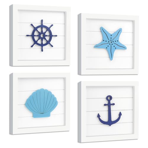 Fangoo Paquete de 4 adornos colgantes náuticos, decoración temática del océano, arte de pared costero en 3D con estrella de mar, ancla y rueda de barco, decoración rústica