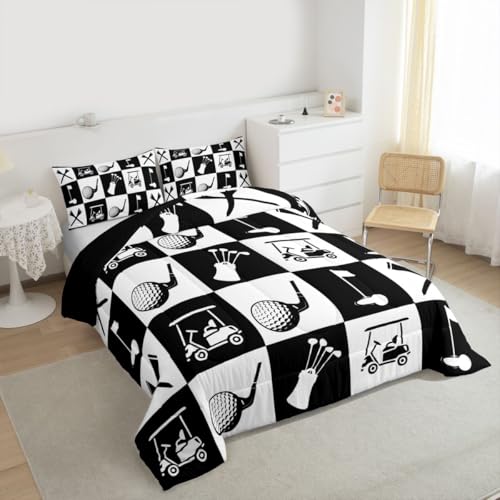 Image of Feelyou Golf Comforter Set Toddler Size Black White Plaid Buffalo Check Geometric Bedding Set for Kids Boys Girls Sports Theme Duvet Quilt Bedroom Decor Microfiber 2 Pcs with 1 Pillow Cases