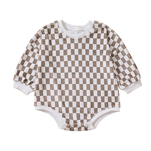 Image of Unisex Infant Baby Clothes Checkerboard Crewneck Sweatshirt Romper Oversized Long Sleeve Plaid Bubble Bodysuit (Coffee, 12-18 Months)