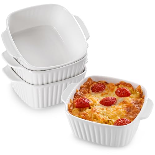 NUTRIUPS Juego de 4 fuentes de cerámica para hornear de 400 ml, fuentes cuadradas de 14,5 x 11,4 x 5,6 cm para freidora de aire, fuente pequeña blanca para hornear, utensilios de cerámica con asas