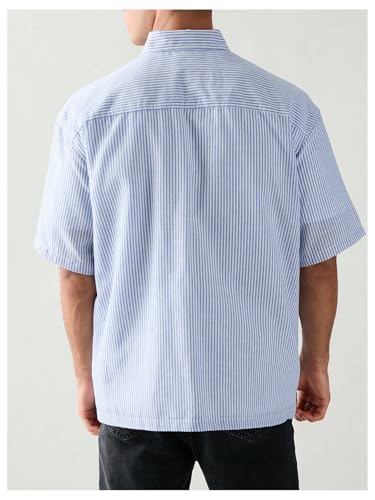 Men's Striped Oversized Tshirts Button Up Letter Patched Half Sleeve Baggy Shirt3