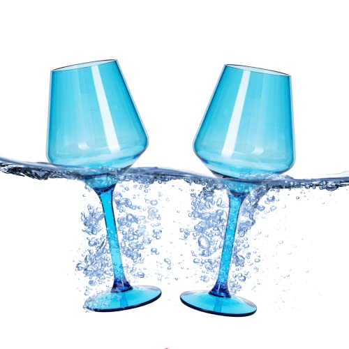 Floating Wine Glasses for Pool (18 Oz | Set of 2) - Wine Glass Set That Float | Shatterproof Poolside Wine | Beach Glass | Outdoor Tritan Plastic Glassware with Stem for Patio, Picnic - Ocean Blue