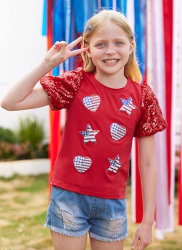 Image of BesserBay Girls 4th of July Sequins Stars Shirt Stripes Puff Short Sleeves Top Shiny Crew Neck Blouse 6-14 Years