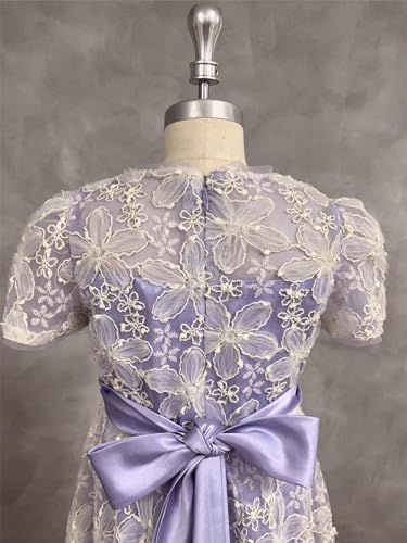 dideyttawl Girls Dress A-Line 3D Embroidery Tulle Flower Appliqued Satin Bow Tie Belt High-Waisted Elegant Full Length Dress3