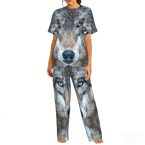 Pyjama loup aux yeux bleus pour femme ensemble de nuit doux
