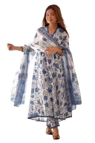 Image of PARTHVI Women's Printed Cotton Anarkali Kurta & Pant With Dupatta Set