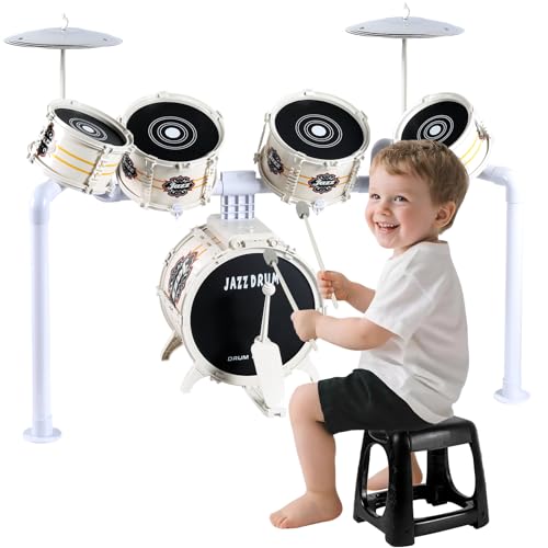 Orvyna Batería Niños Tambor Infantil, Jazz Instrumentos Musicales 5 Tambores Percusión con Taburete, Musical Bateria Infantiles Instrumentos Educativo de Juguetes para 3 4 5 6 Años Niñas Niños