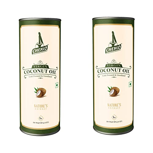 Chekko Cold Pressed Virgin Coconut Oil (2 Litre) | 100% Natural, Pure & Wood Pressed for Cooking, Skin Care, Hair Growth, Baby Massage and Oil Pulling (2L) for Cooking - (1 Litre*Pack of 2) (2 Litres)