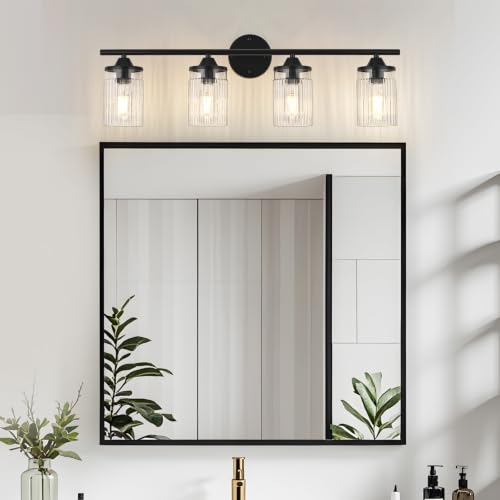 Image of Jonsi Black Bathroom Light Fixtures 4-Light Vanity Lights Modern Wall Sconce with Clear Glass Shade Bathroom Light Fixture Over Mirror for Bedroom Hallway Kitchen