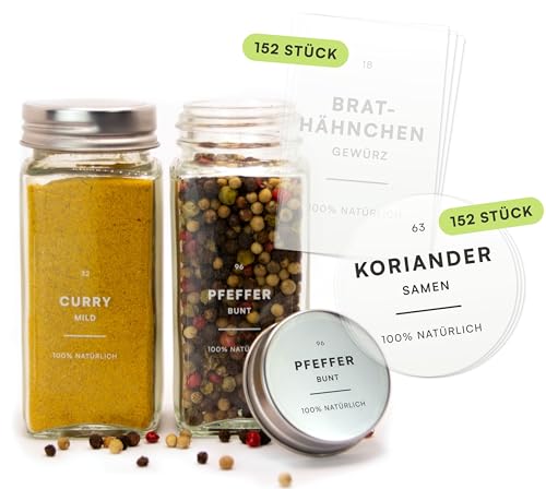 Mokali® Gewürzetiketten (304 Stück) Transparent - Aufkleber Gewürze Etiketten selbstklebend - rund minimalistisch wasserfest - zum Beschriften von Gewürzgläsern