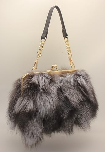 Genuine Silver Fox Fur Handbag – Uncolored Natural Fur Purse with Dual Straps, Unique Design Women’s Shoulder Bag4