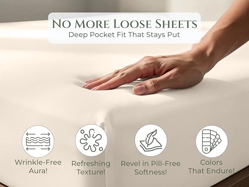 Image of Royale Linens 100% Organic Cotton Full Fitted Sheet Only - Percale Weave - Super Soft Deep Pocket Bottom Sheets - Cream Elastic Sheet - Full Size Fitted Sheets Only - (54 inchx75 inch+15 inch, Cream)