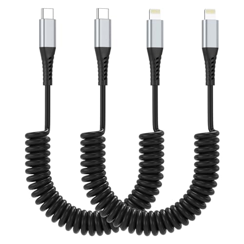 Coiled USB C to Lightning Cable, 2 Pack Retractable iPhone Charging Cable for Car, 3FT USBC to Lightning Cable for iPhone 14 13 12 11 Pro Max Mini 10 8 7 Plus XR XS SE, AirPod