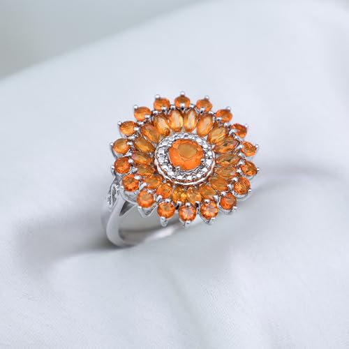 LOOKNSOURCE 925 Sterling Silver Ring Mexican Fire Opal Cluster Flower Design Gemstone Ring Natural Orange Opal Gemstone Jewelry For Women With Free Sarong3