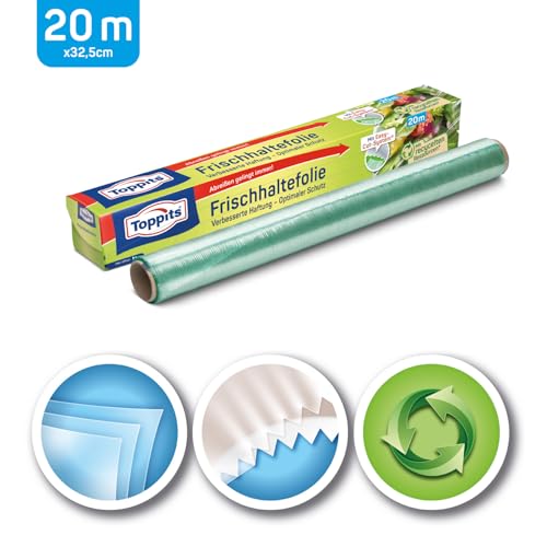Toppits Frischhaltefolie - 1 x 20m Selbsthaftende 3-Schicht Spezialfolie, Ergonomische Packung mit Abreiß-Säge, Transparent