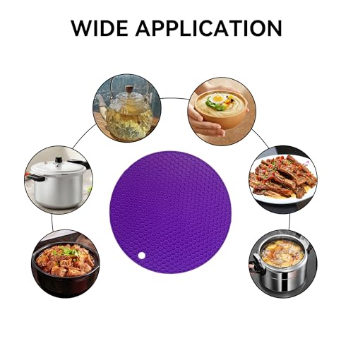 Image of Silicone Trivet Mats,Heat Resistant Pot Holders, Multipurpose Non-Slip Hot Pads for Kitchen Potholders, Hot Dishers, Jar Opener, Spoon Holder, Food Grade Silicone(Purple Size Round 7''x7'')
