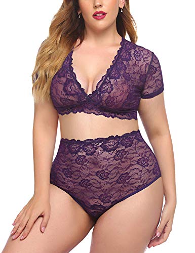 Avidlove Women s Plus Size Lingerie Set Lace Bra & High Waist Panty Underwear Suit(Purple 20W)