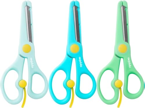 ANJOBIBI,Safety Craft Scissors For Kids 3-Pack,Preschool Training Scissors,Ergonomic Handle Perfect for Paper Cutting-2.0 (Green+ Baby blue+ Deep Blue) ﻿