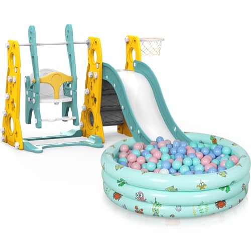 Hapsor Toddler Slide and Swing Set, 4 in 1 Kids Slide with Ball Pit, Basketball Hoop, Height Adjustable Swing, Versatile Fun Outdoor Indoor Playground for Toddlers Playset 1-3 Green