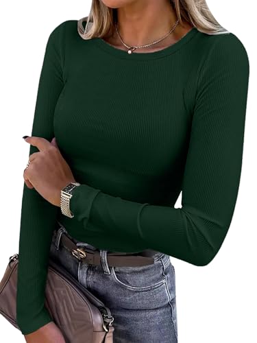 Women Long Sleeve Shirts Rib Knit Slim Fit Tops Basic Tee 2026 Fall Outfits Casual CrewneckT-Shirt Y2k Clothes Dark Green