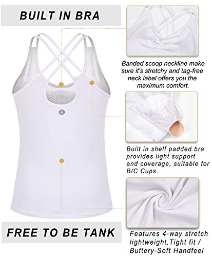 RUNNING GIRL Yoga Tank Tops for Women Built in Shelf Bra B/C Cups Strappy Back Activewear Workout Compression Tops (BX2366 White.CN:S,US:XS) - Thumbnail 6