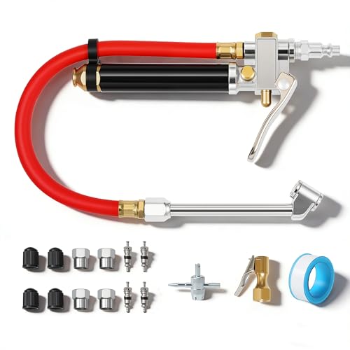 AutoViteX Tire Inflator with Pressure Gauge, 10-120 PSI Heavy Duty Dual Head Tire Inflator Gauge with Rubber Hose, 4 Way Tool and Valve Cores, 1/4' NPT Inlet