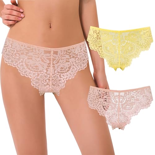 Image of Curve Muse Women's Tanga Thongs Hipsters Underwear Floral Lace Panties-2 Pack, Yellow,pink (2 Pack), M