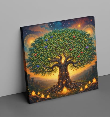 Image of Kunj Cart Kalpavriksha Tree Painting | 8+ DESIGNS | Kalpvriksh Tree Wall Painting | Lucky Tree Wall Art For Living Room, Bedroom and Office Decor | Canvas Painting for Wall Decoration (Design - C, 24x24 Inch, Framed)