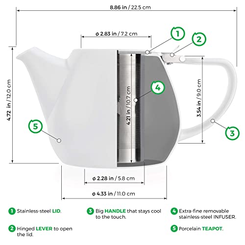 Tealyra - Jove Porcelain Large Teapot White - 34.0-Ounce (3-4 Cups) - Japanese Made - Stainless Steel Lid And Extra-Fine Infuser To Brew Loose Leaf Tea - 1000Ml #TOP4