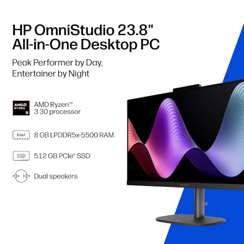 Image of HP OmniStudio 23.8 inch All-in-One Desktop PC, FHD Display, AMD Ryzen AI 3 30, 8 GB RAM, 512 GB SSD, AMD Radeon Graphics, Windows 11 Home, Jet Black, 24-cv0420 (2026)