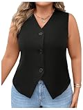 Verdusa Women's Plus Size Button Front Sleeveless Jacket Vest Old Money V Neck Split Blazer Vests Black X-Large Plus