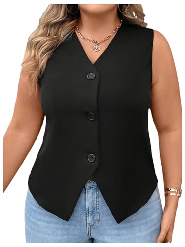 Verdusa Women's Plus Size Button Front Sleeveless Jacket Vest Old Money V Neck Split Blazer Vests