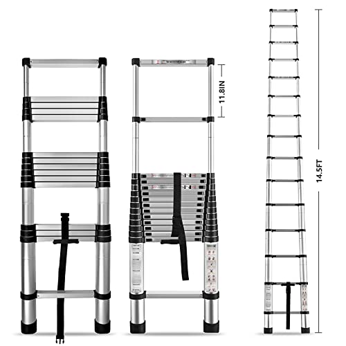Hostic 14.5 Ft Telescoping Ladder 330 Lbs Capacity Heavy Duty Aluminum Extendable Ladder Collapsible Locking Mechanism For Attic Household Use Outdoor Work #TOP1