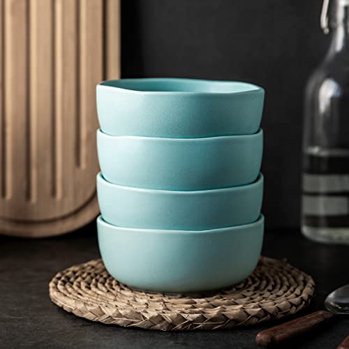 Amorarc Stoneware Cereal Bowls For Kitchen, 28Oz Large Ceramic Cereal Soup Bowls Set Of 4 With Wavy Rim For Meal, Chip-Resistant, Dishwasher&Microwave Safe, Reactive Glaze Matte Turquoise #TOP3